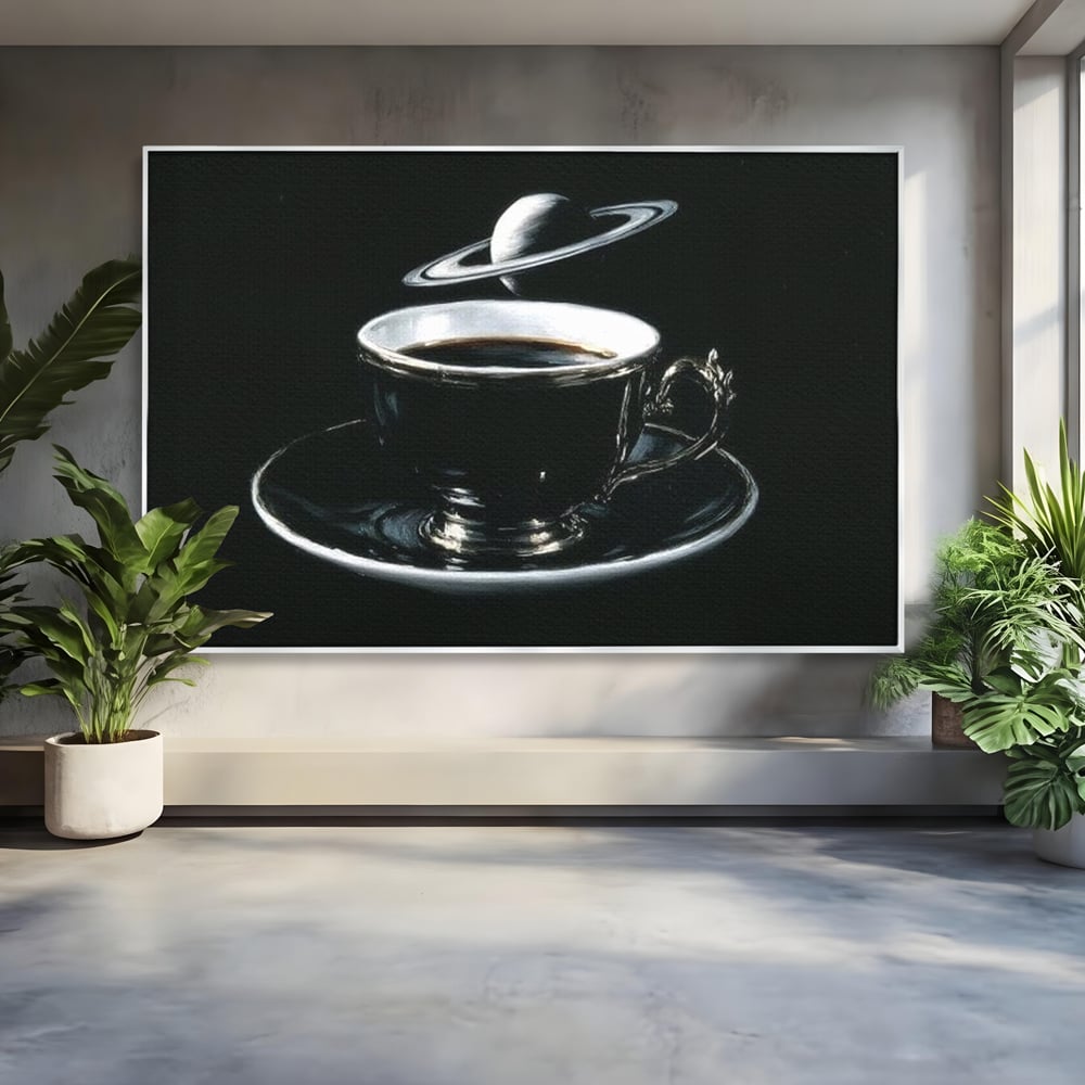 Tablou canvas cu tablou canvas cu ceasca de cafea si planeta, in rama de aluminiu argintiu